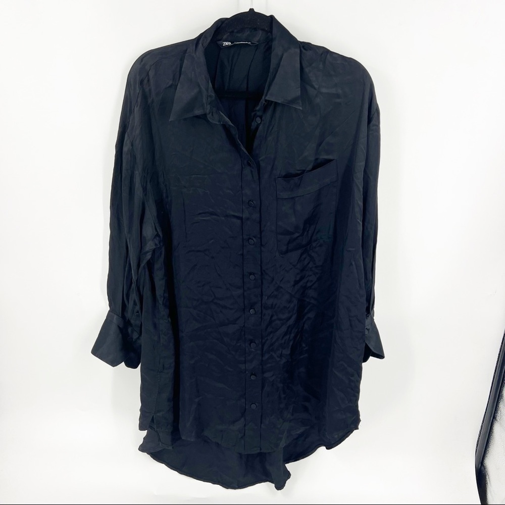 ✅ ZARA‎ OVERSIZED BLACK LONG SLEEVE VISCOSE BUTTON FRONT TUNIC/TOP SIZE SMALL
